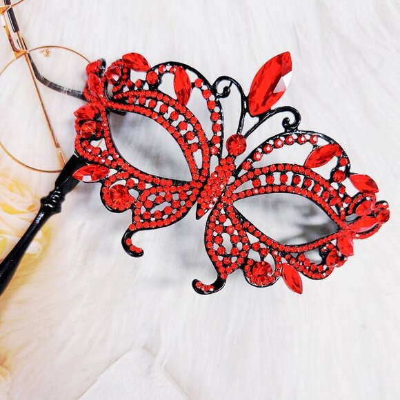 Red Masquerade Mask, Crystal Handheld Mask, Black Mask with Stick, Venetian Mask